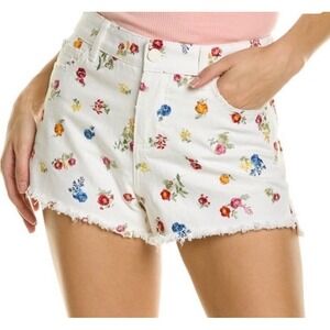 Alice + Olivia High Rise Shorts White Denim Floral Embroidery Frayed Hem Sz 28